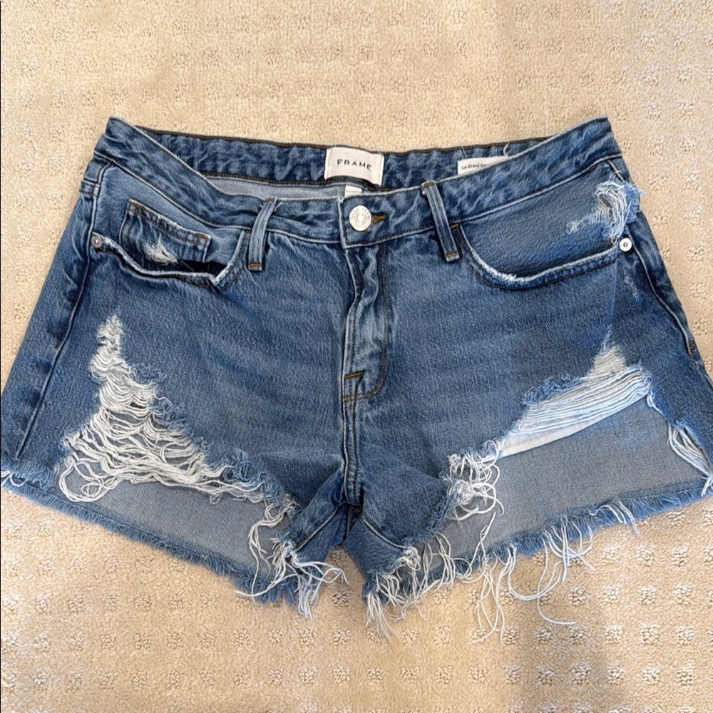 Frame Denim Blue Distressed Jean Jorts Le Grand Garçon Short